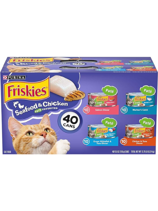 Purina Friskies Wet Cat Food Pate Variety Pack Seafood and Chicken Pate Favorites - (Pack of 40) 5.5 oz. Cans