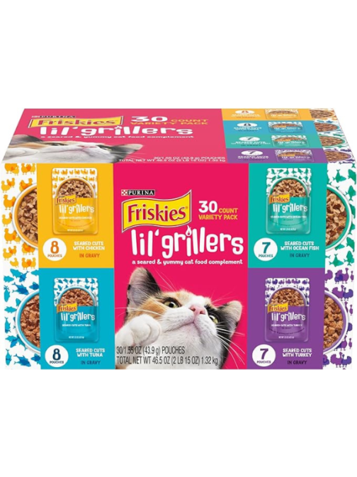 Purina Friskies Gravy Wet Cat Food Lickable Cat Treats Variety Pack, Lil' Grillers Chicken, Turkey, Ocean Fish & Tuna - (Pack of 30) 1.55 oz. Pouches