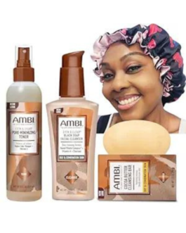 Satin Bonnet Bundle with Ambi Dry and Combination Skin Products, Includes Ambi Cocoa Butter Cleansing Bar, Ambi Pore Minimizing Toner, and Ambi Complexion Facial Cleanser