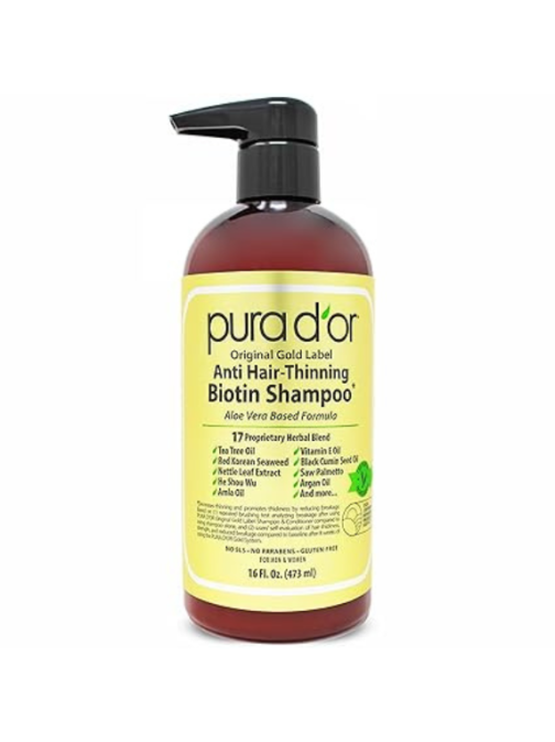 PURA D'OR Original Gold Label Anti-Thinning Biotin Shampoo Natural Earthy Scent, Clinically Tested Proven Results, Herbal DHT Blocker Hair Thickening Products For Women & Men, Color Treated Hair, 16oz