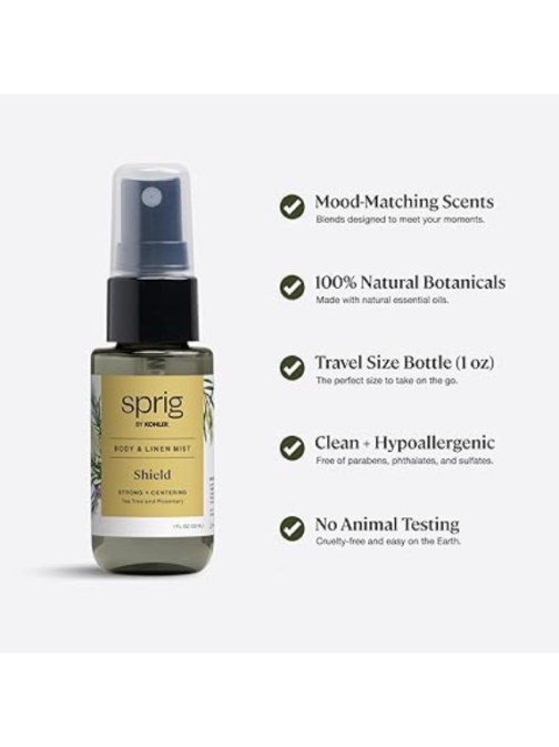 Sprig by Kohler Tea Tree + Rosemary Body and Linen Mist, 100% Natural Fragrance & Essential Oils, for Linens, Clothing, or Skin to Purify and Center - Shield, 1 fl oz - Image 2