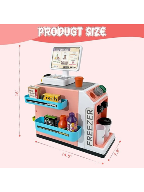 Hibility-Pretend Play Cash Register Toy Set - Calculator, Shopping Bag, Scanners, Credit Cards, Coffee Machine, Play Food - Gift for Boys and Girls Ages 3+ - Image 3