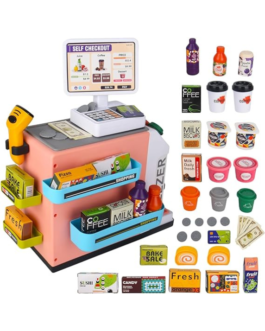 Hibility-Pretend Play Cash Register Toy Set – Calculator, Shopping Bag, Scanners, Credit Cards, Coffee Machine, Play Food – Gift for Boys and Girls Ages 3+