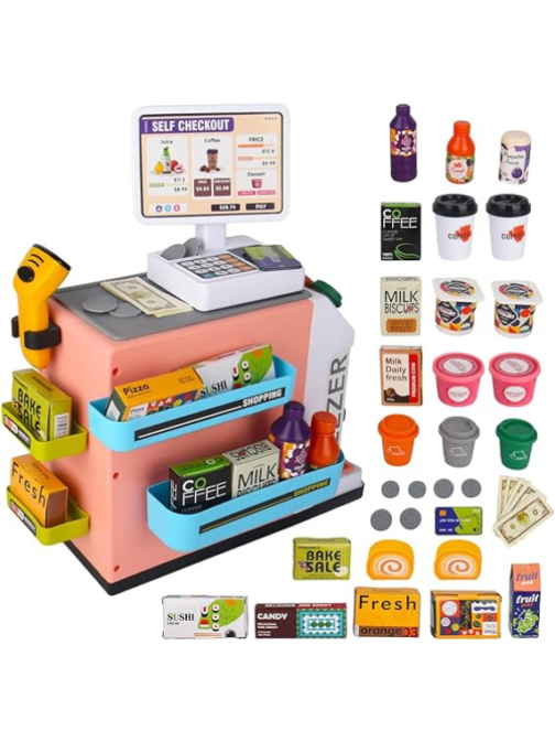 Hibility-Pretend Play Cash Register Toy Set - Calculator, Shopping Bag, Scanners, Credit Cards, Coffee Machine, Play Food - Gift for Boys and Girls Ages 3+