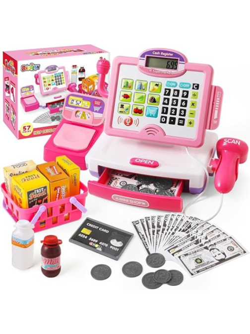 Pretend Play Calculator Cash Register Toy Gift for Kids Girls Age 3, 4, 5, 6, 7, 8+ Year Old, 57 Pcs Pink Grocery Store Playset, Incl Microphone, Credit Card, Scanner, Fake Food, Play Money for Kids