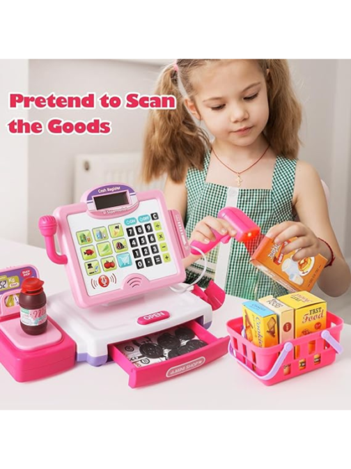 Pretend Play Calculator Cash Register Toy Gift for Kids Girls Age 3, 4, 5, 6, 7, 8+ Year Old, 57 Pcs Pink Grocery Store Playset, Incl Microphone, Credit Card, Scanner, Fake Food, Play Money for Kids - Image 2